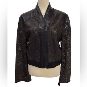 Jackett Black Leather Laser Cut Jacket Size Small NEW